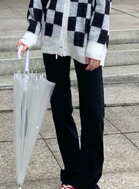 速发TEE新2 1款高腰直筒牛仔窄裤版高弹力黑色裤子拖地冬