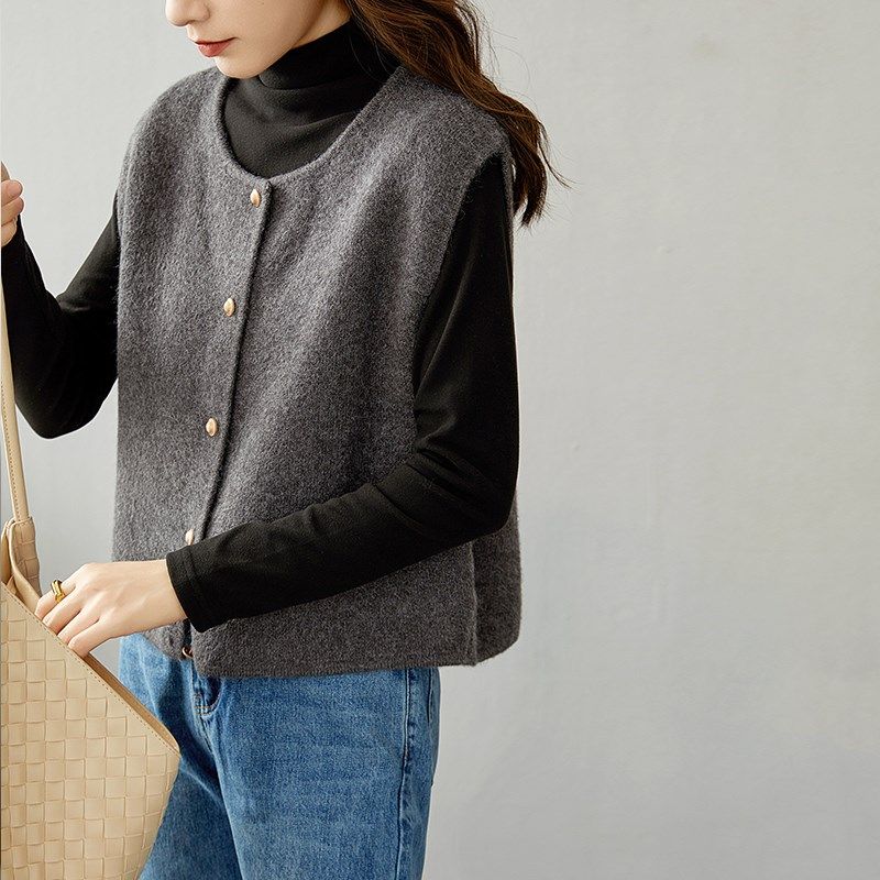 速发灰色毛衣马甲针0背心款春秋2织24新款知识子分外搭开衫坎肩