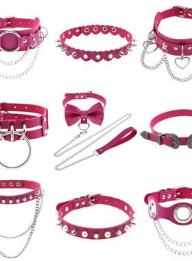 亚文化皮革朋克玫红choker项圈