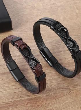 Mens Womens Couple Metal Infinity Sign Leather Bracelet Magn