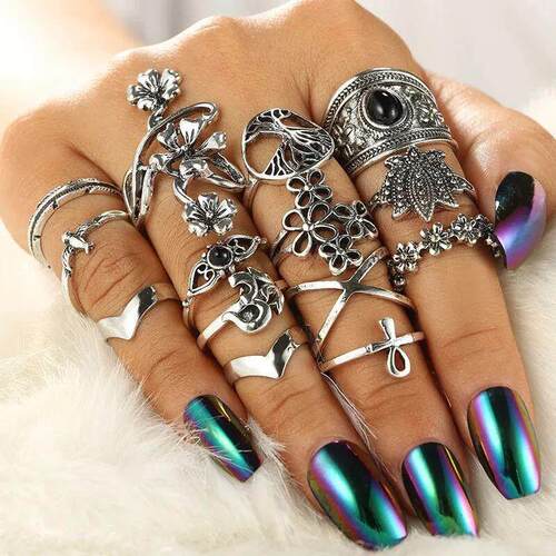 Black Flower Ring Set Matching Ringen for Women Anillo