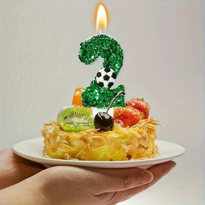 Green football birthday candle cake, sparkling digital candl