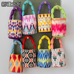 2025新疆艾德莱斯民族风文创西藏小众花纹旅游手提水桶帆布