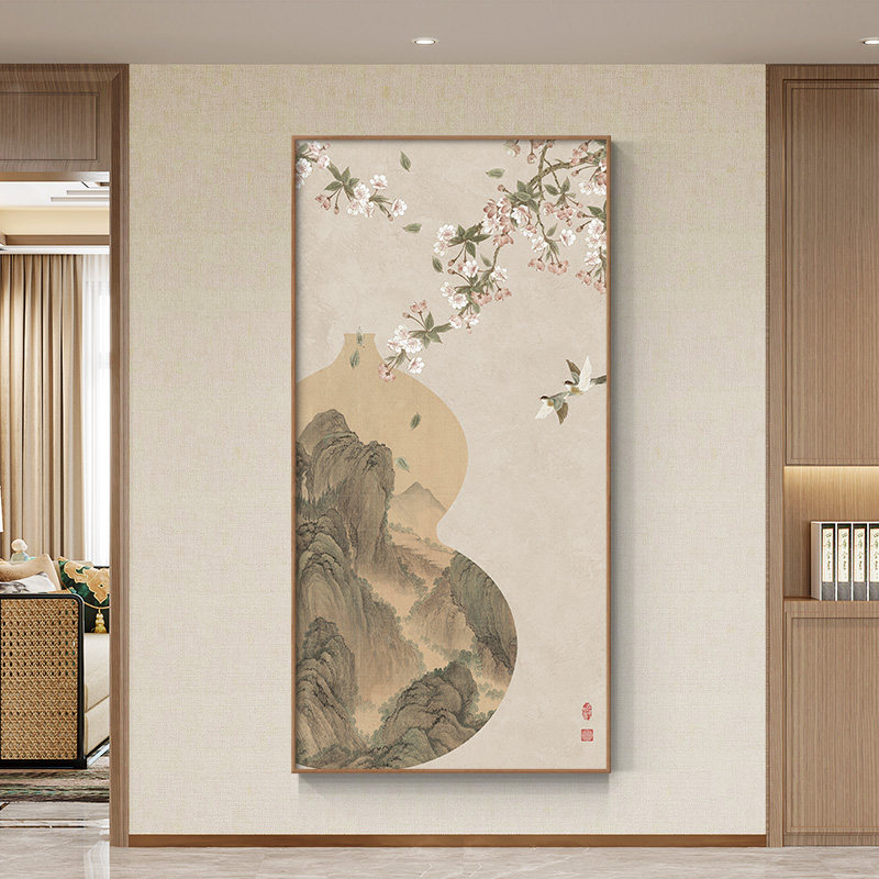 新中式花鸟山水玄关装饰画 画高级感正对门入户走廊背景墙挂画 画