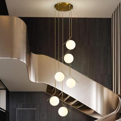 全铜北欧餐厅灯三头吧台卧室床头简约现代旋转楼梯长吊灯玻璃球形