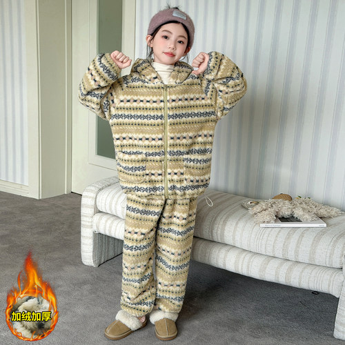 女童冬季加绒睡衣套装加厚家居服