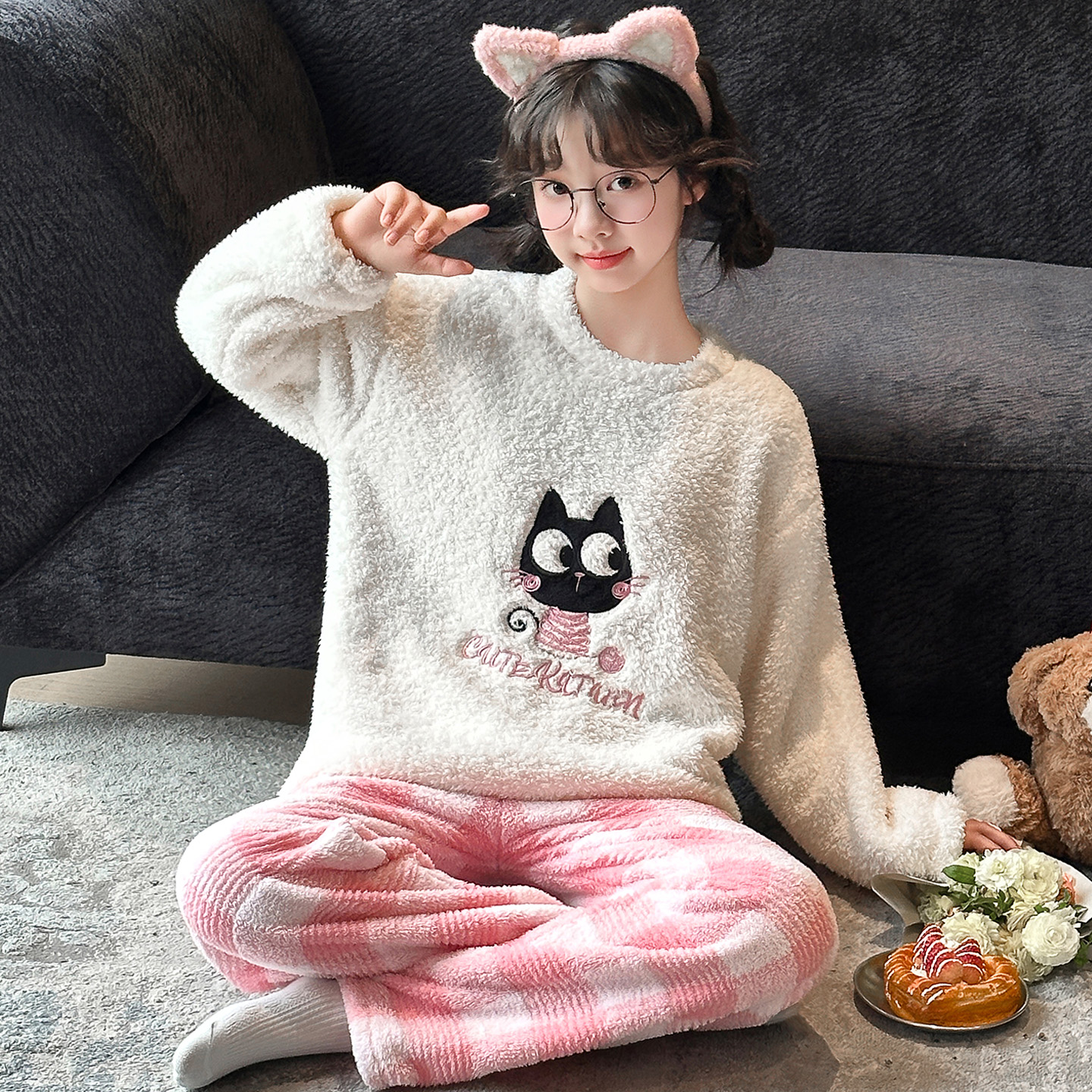 女童冬季加厚家居服套装睡衣套装