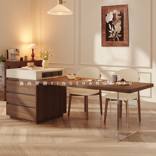 洞石岩板岛台餐桌一体可伸缩泡茶