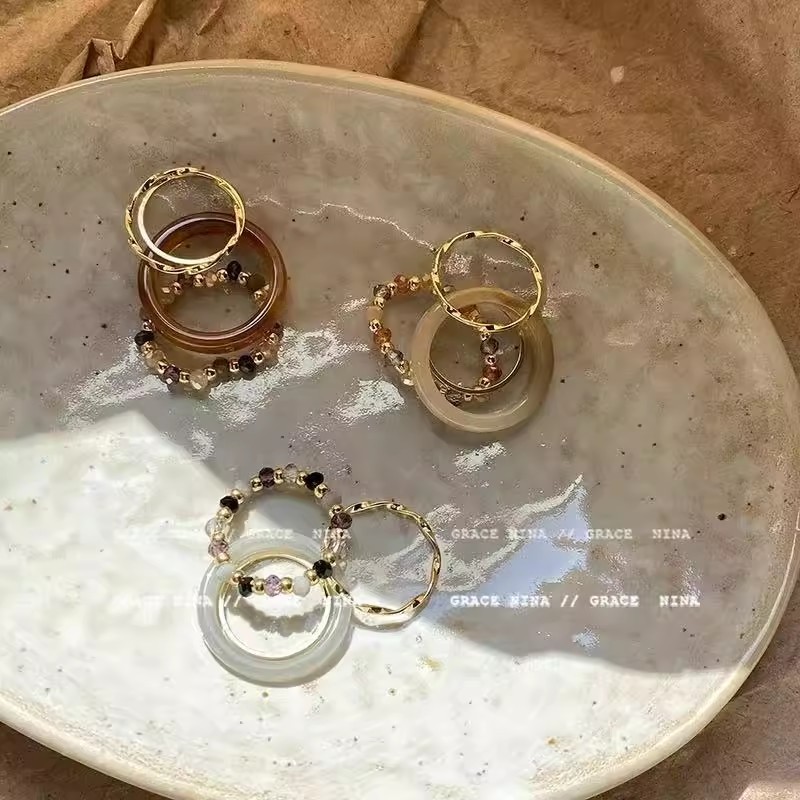 【一套四只】韩国冷淡风复古戒指米珠食指戒亚克力树脂串珠关节戒