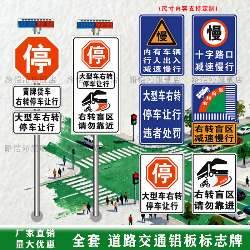 太阳能爆闪灯道路交通标志牌十字路口停车让行右转盲区慢行警示牌
