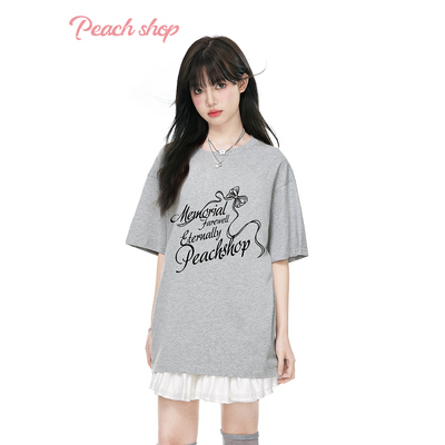 PeachShop复古蝴蝶结字母短袖