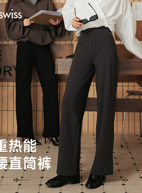MissWiss收腹直筒裤女冬季高腰加绒保暖黑色垂感保暖休闲阔腿裤TH