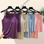 外穿宽松家居服 女夏莫代尔美背睡衣睡裤 罩杯一体吊带短裤 套装