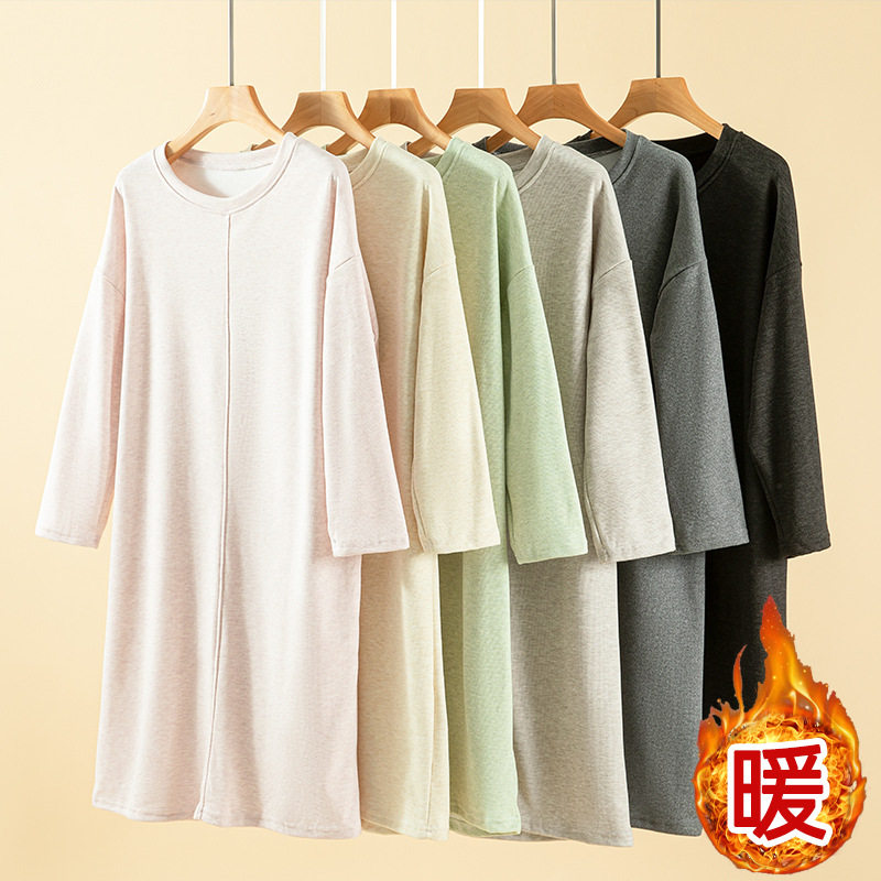 德绒胸棉款居家睡裙女冬加绒保暖纯色家居裙大码加厚休闲连衣裙