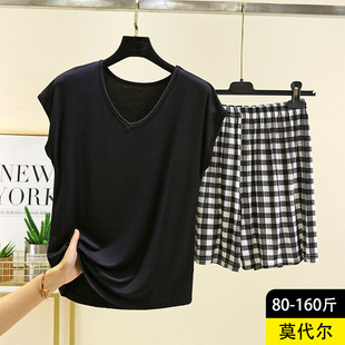 T恤短裤 家居服薄款 女夏季 大码 睡衣 白色休闲短袖 莫代尔V领无袖