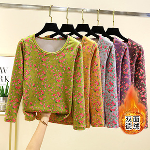 叠穿中老年 大码 德绒保暖内衣冬季 碎花圆领磨毛打底衫 修身