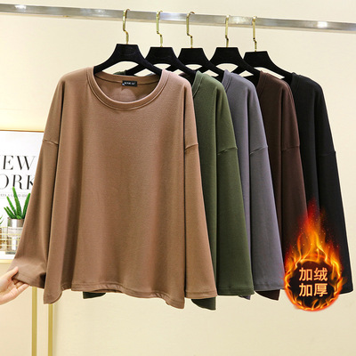 加绒宽松卫衣女秋冬德绒圆领宽松打底衫大码可外穿休闲居家上衣