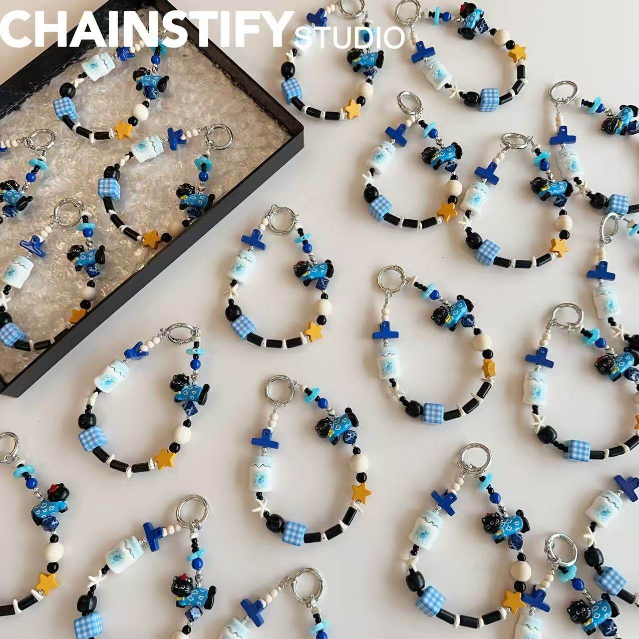 卡通小猫手机链日韩ins风可爱卡通手机挂绳蓝色钥匙扣包挂件挂饰