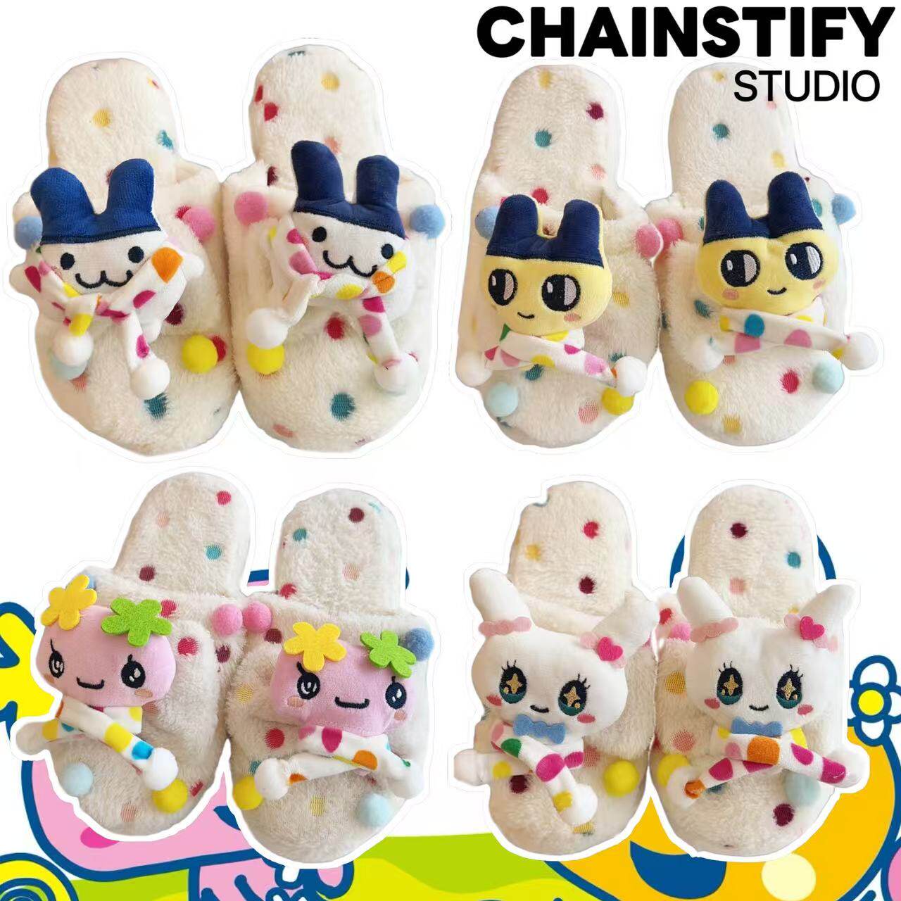 可爱卡通拓麻歌子波点围巾麻美吉冬季室内居家拖鞋学生宿舍毛绒拖