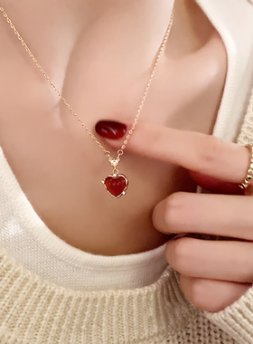 复古爱心仿红玛瑙项链锁骨链