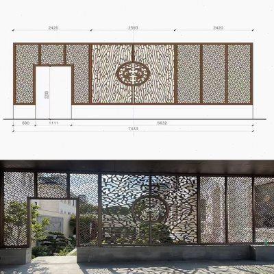 不锈钢屏风隔断新中式古r铜镂空雕花轻奢入户玄关格栅铝板雕刻定