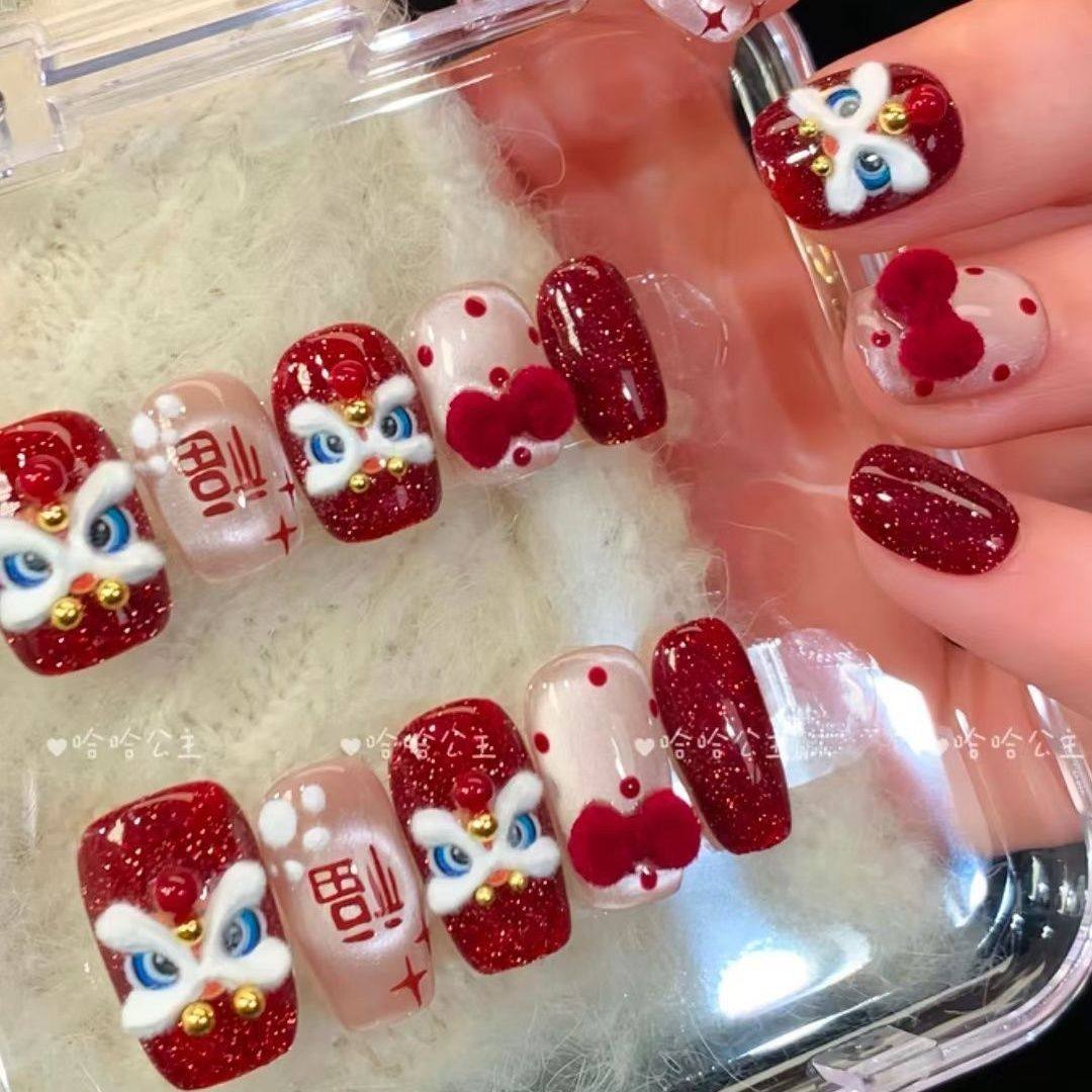 纯手工儿童穿戴甲女童美甲红色醒狮纯手工穿戴新年显白喜庆猫眼招,彩妆/香水/美妆工具,美甲工具,淘宝优惠券,粉丝福利购,淘宝优惠卷