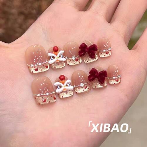 纯手工儿童穿戴甲女童美甲短款穿戴甲纯手工美甲新款高级感法式裸