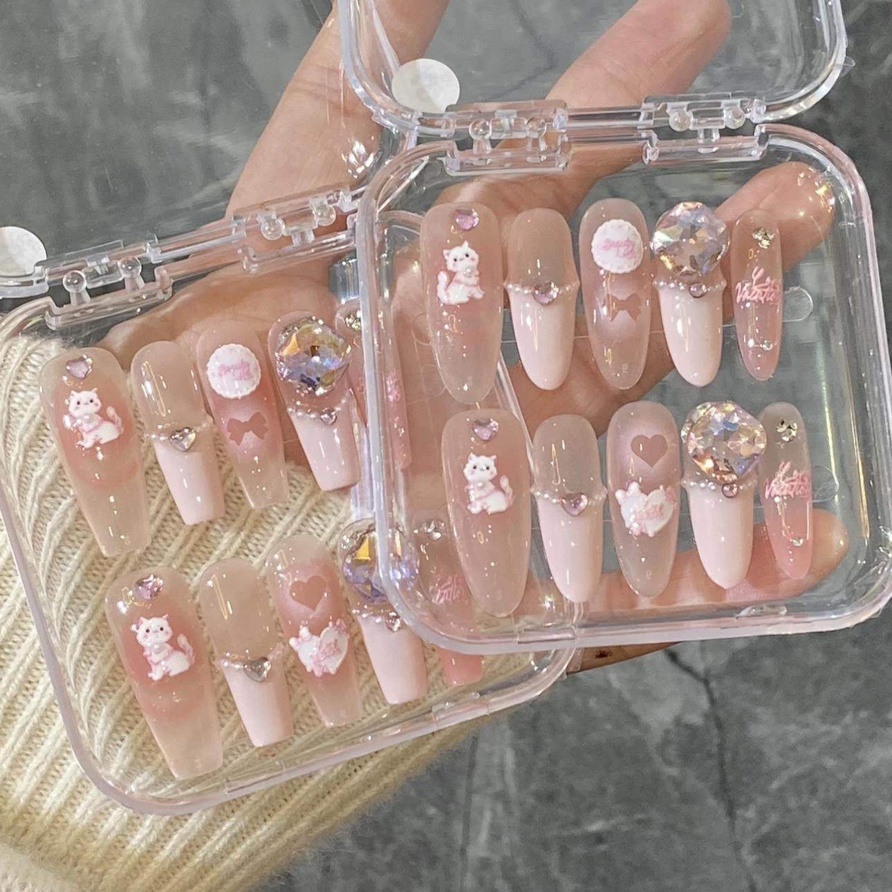 少女粉嫩氛围感小猫法式蜜桃可可指甲贴贴钻气质纯欲可爱,彩妆/香水/美妆工具,穿戴甲/甲片,淘宝优惠券,粉丝福利购,淘宝优惠卷