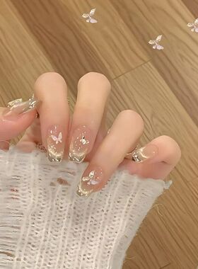 纯手工儿童穿戴甲女童美甲新款猫眼魔镜蝴蝶显白氛围法式纯手工爆