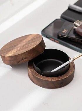 Walnut Wood Ashtrays With Lid Covered Windproof Ashtray