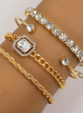Open bracelets set 4 pieces麻花手链朋克镶钻开口手镯套装4条装