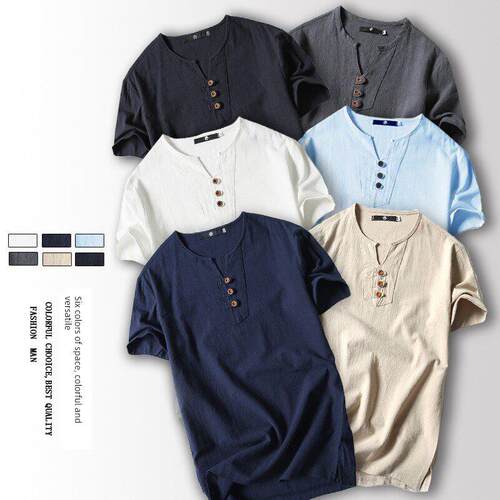 Summer T Shirts Men Short Sleeve Cotton Linen T-Shirt 5XL