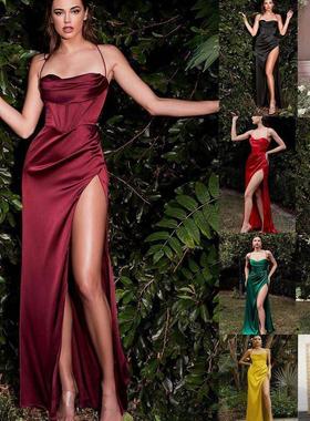 Summer Sexy Hanging High Waist Split Silk Dress Slim Fit Eve