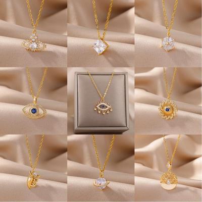 Evil Eye Sun Necklace for Women Gold Color Chains Stainless