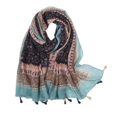 Cotton and linen ethnic style retro printed geometric scarf