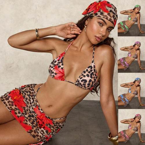 Leopard print contrasting bikini豹纹撞色挂脖系带抽绳分体泳装