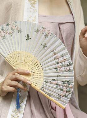 33.33CM Chinese Vintage Style Folding Fan Wooden Handle Clas