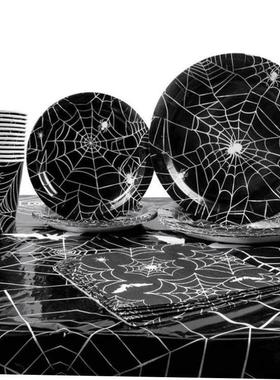 Halloween Party Spider Web Disposable Tableware Set Black Pa