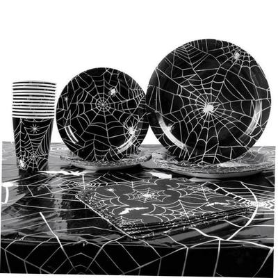 Halloween Party Spider Web Disposable Tableware Set Black Pa
