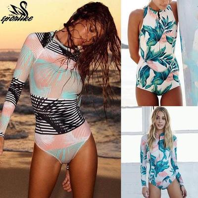 Print One Piece Swimsuit Long Sleeve Swimwear Women Surfing
