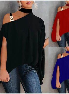 women blouse Ladies Solid Irregular Chain Strap Print Top 22