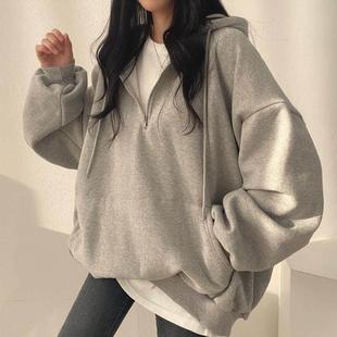 Women Hoodie Harajuku Loose Oversized Solid Color Top Half Z