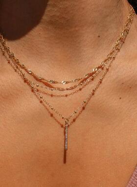 necklaces women时尚多层叠戴项炼项炼女满钻小坚条吊坠锁骨炼