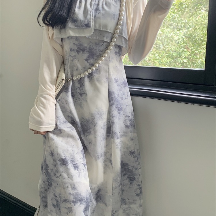 烟雨江南水墨晕染裹胸一字肩连衣裙防晒衣长袖开衫薄款外搭空调衫
