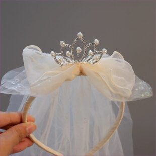 皇冠头饰儿童头纱生日发箍女孩公主配饰女童头箍仙美网纱拍照周岁