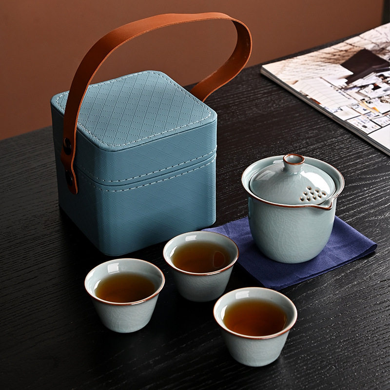 哥窑旅行功夫茶具套装随身泡茶壶陶瓷户外旅游便携式盖碗三杯礼品