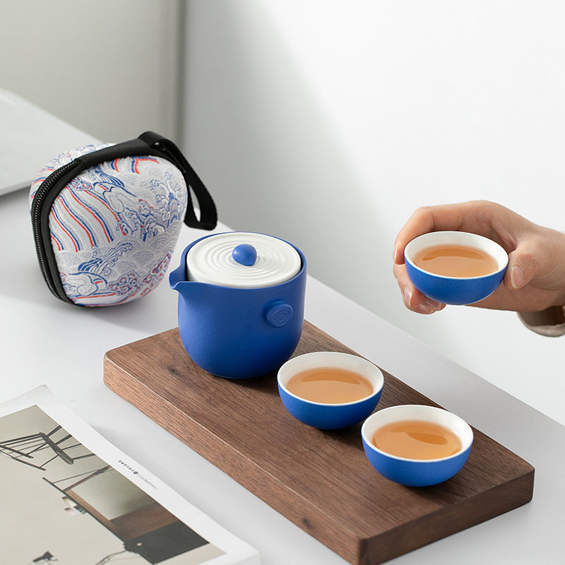 克莱因蓝便携式旅行茶具小套装备户外包功夫泡茶壶茶杯露营快客杯