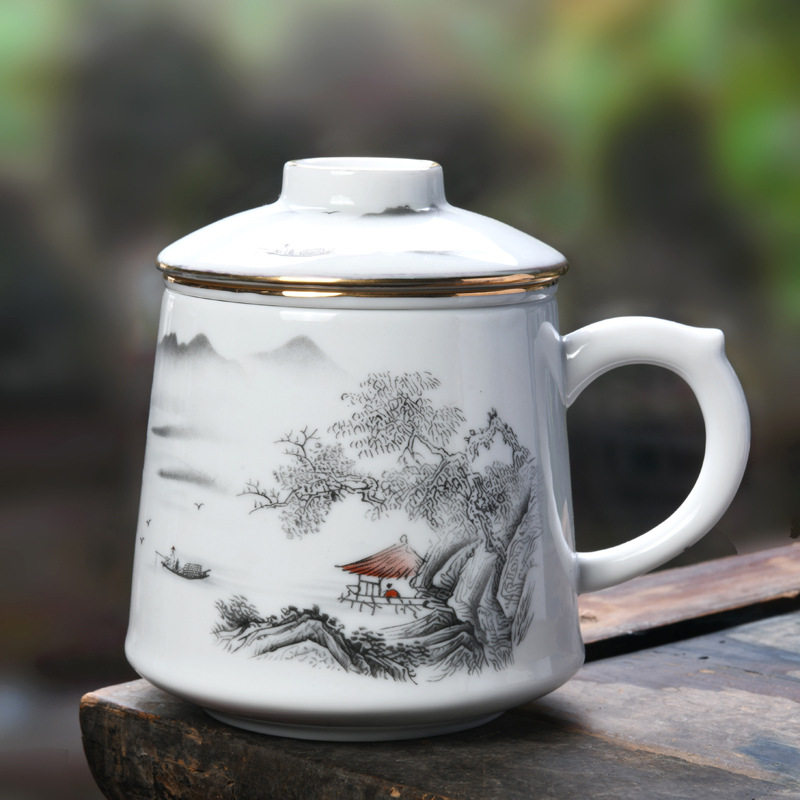 茶水分离办公茶杯泡茶杯陶瓷泡茶白瓷办公杯活动银行商务礼品水杯