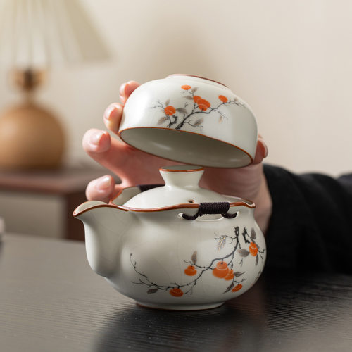 汝窑快客杯一壶一杯单个人手抓壶简易露营便携式旅行茶具套装
