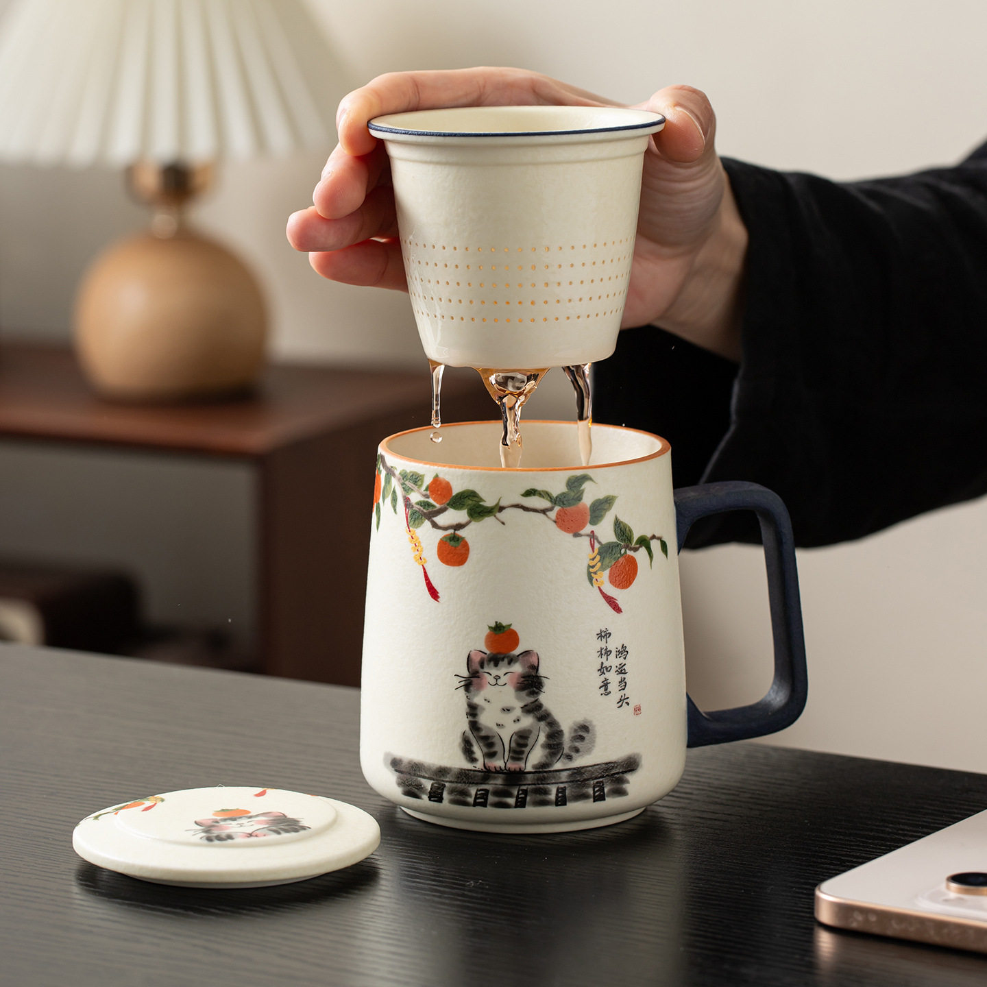 猫咪陶瓷泡茶杯家用办公室个人精致女士带盖过滤茶水分离杯子
